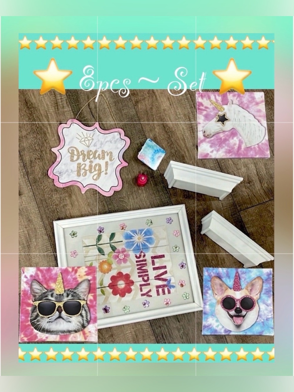Whimsical Wall Art Set - Dream Big & Live Simply - Pastel Unicorns & Pets